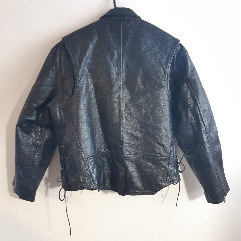Rare Vintage Black Leather Bicker Jacket Great Seal of Oklahoma 1907 Snaps Large - Picture 6 of 17